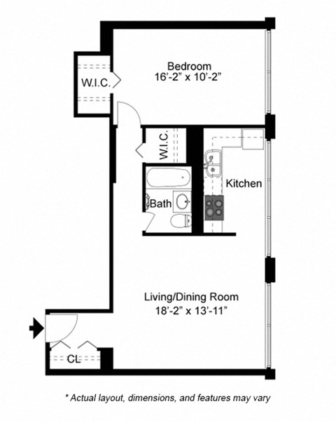 1 Bedroom floor plan at Studio floor plan at 2101 S. Michigan Apartments